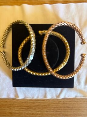 Triple Metallic Braided Cuff Bracelet Set — Gold, Silver, Rose Gold